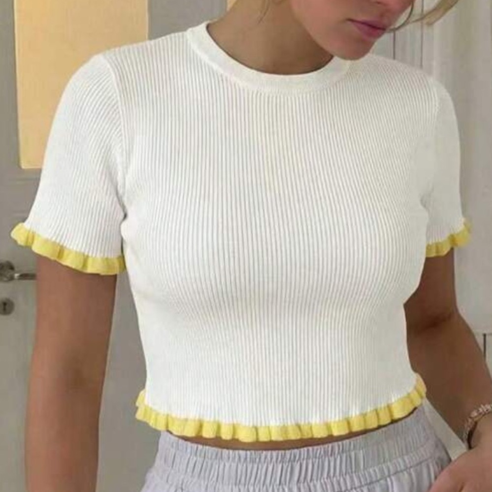White and Yellow Ruffle Trim Top - Picture 4 of 10